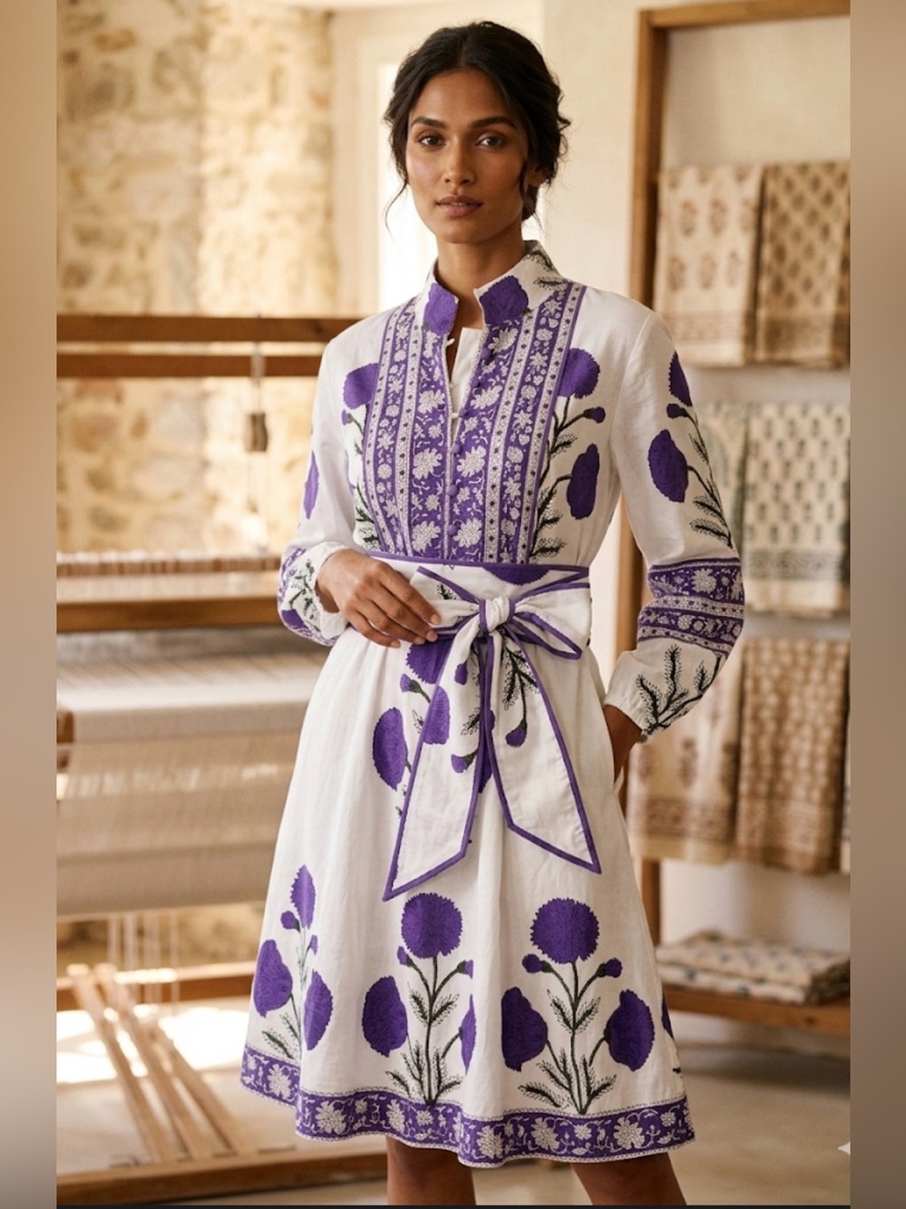 SUE SARTOR White and Purple Embroidered Long-Sleeve Dress with Tie Waist